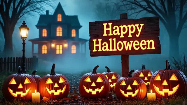 Glowing Jack-O&rsquo;-Lanterns and Haunted House with Happy Halloween Sign