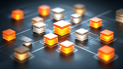 Stacked glowing cubes connected by lines on a dark surface, representing data or network architecture