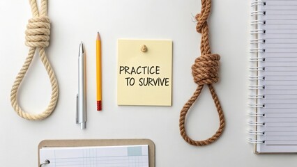Creative Concept on Survival with Rope, Pencil, and Notepad