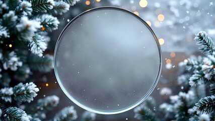 A frosted circular frame surrounded by snowy pine branches and festive bokeh lights. Minimalist, elegant winter and Christmas background with copy space
