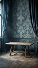 A moody, dark scene featuring a rustic wooden table draped with black sheer fabric or lace next to a black vase. Background of shadowy green foliage
