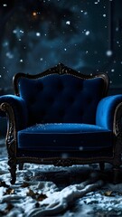 A luxurious, dark blue velvet baroque armchair with dark wood trim, set against a moody backdrop with snow or sparkling confetti on the floor. Winter opulence