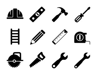 Fototapeta premium Collection of Black and White Icons Representing Construction and DIY Tools