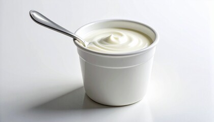 A swirl of yogurt—white cup, metal spoon upright—rests in chilled stillness. A metaphor for edible purity and the choreography of quiet indulgence.