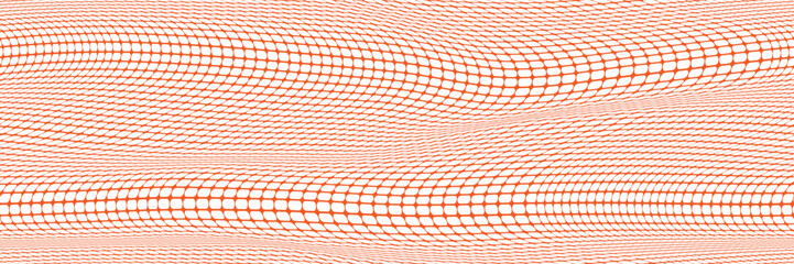 A stretched orange construction fence on a white bg forms a seamless pattern. Elongated, distorted protective fencing for urban work zones. Vector graphic illustration.
