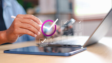Businessman Take an assessment, Check list, questionnaire, evaluation, filling out an online survey form. Answer the test questions. online survey exam Choosing the right answer in the exam,