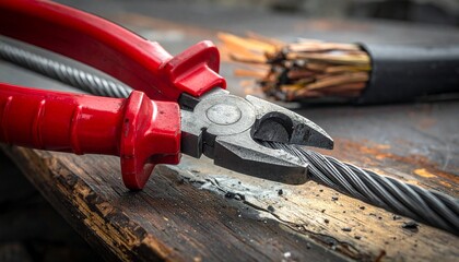 Wire cutters—red-handled, mid-slice through steel—rest on wood. A metaphor for decisive rupture and the choreography of mechanical resolve.