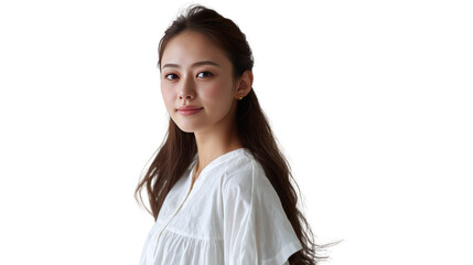 Serene Gaze: A portrait of a beautiful woman exudes quiet confidence, her gentle smile and long, flowing hair suggesting a sense of calm. This image captures both physical and emotional radiance.