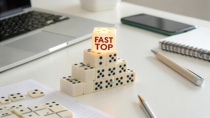 Creative Desk Arrangement with Dice and Laptops for Work Environment