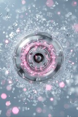 Abstract digital art of a metallic disc surrounded by pink and white particles