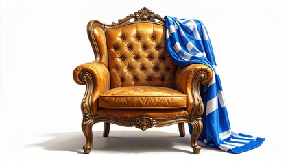 A golden armchair—tufted, carved, draped in blue shadow—rests in regal stillness. A metaphor for inherited authority and the choreography of seated memory.