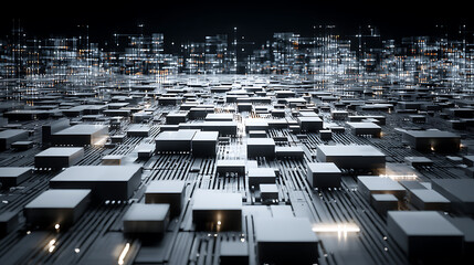 Futuristic cityscape with illuminated geometric structures and glowing pathways at night