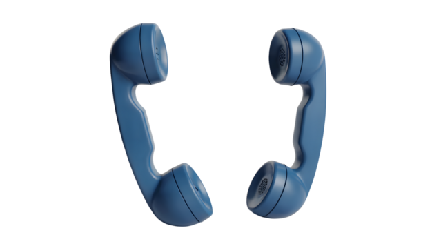 Two blue vintage telephone handsets isolated on a black background in a studio setting with soft lighting