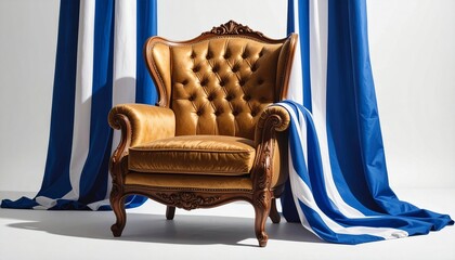 A golden armchair—tufted, carved, draped in blue shadow—rests in regal stillness. A metaphor for inherited authority and the choreography of seated memory.