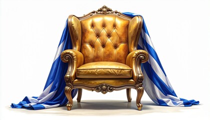 A golden armchair—tufted, carved, draped in blue shadow—rests in regal stillness. A metaphor for inherited authority and the choreography of seated memory.