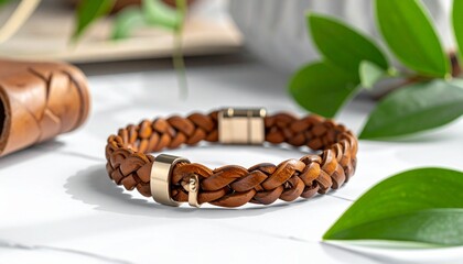 A braided bracelet—brown leather, hexagonal clasp, leaf-shadowed—rests in quiet poise. A metaphor for tactile memory and the choreography of worn resilience.