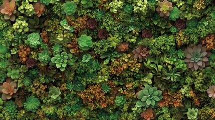 A dense arrangement of various succulents and green plants, showcasing natural textures and shades of green, brown, and reddish hues in a vertical display.