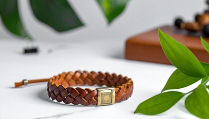 A braided bracelet—brown leather, hexagonal clasp, leaf-shadowed—rests in quiet poise. A metaphor for tactile memory and the choreography of worn resilience.