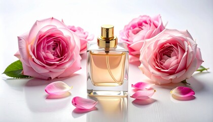 A perfume bottle—amber liquid, golden nozzle, roses encircling—rests in fragrant stillness. A metaphor for distilled memory and the choreography of intimate bloom.