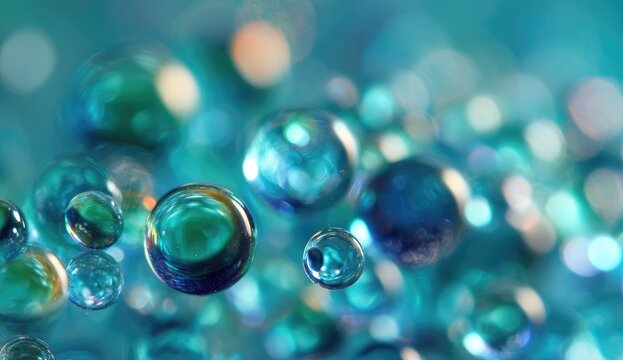Abstract image of many turquoise and teal, translucent spheres in motion