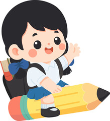 Illustration of Smiling Girl Riding a Pencil