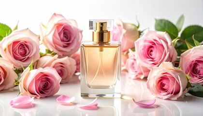 A perfume bottle—amber liquid, golden nozzle, roses encircling—rests in fragrant stillness. A metaphor for distilled memory and the choreography of intimate bloom.