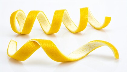 Two lemon peels—spiraled, golden, resting on white—curl in quiet elegance. A metaphor for citrus memory and the choreography of fragrant restraint.