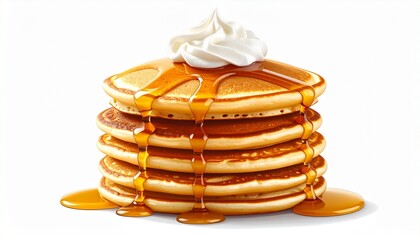 A stack of golden pancakes—syrup cascading, cream perched—rests in warm indulgence. A metaphor for layered comfort and the choreography of edible nostalgia.