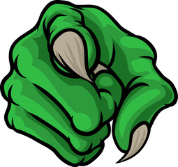 Cartoon Halloween illustration of monster claw hand with sharp nails or talons, pointing directly at viewer.