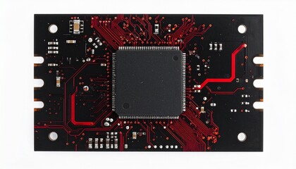 A circuit board—black base, red veins, central chip pulsing—rests in engineered stillness. A metaphor for silent cognition and the choreography of synthetic intention.