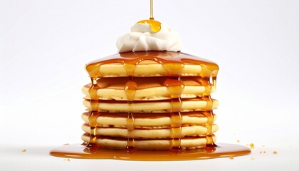 A stack of golden pancakes—syrup cascading, cream perched—rests in warm indulgence. A metaphor for layered comfort and the choreography of edible nostalgia.