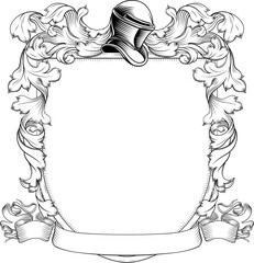 Fototapeta premium A coat of arms or crest family heraldry medieval heraldic knight shield with helmet and acanthus filigree scroll ornament in a vintage woodcut style.