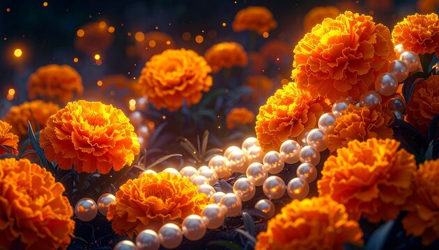 華やぐ夜：真珠とマリーゴールドの美しい共演Generated image