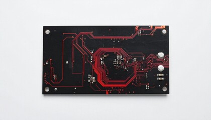 A circuit board—black base, red veins, central chip pulsing—rests in engineered stillness. A metaphor for silent cognition and the choreography of synthetic intention.