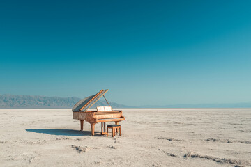 Grand piano and stool sit serenely in a desert landscape under a bright blue sky, a surreal musical oasis in the arid expanse.