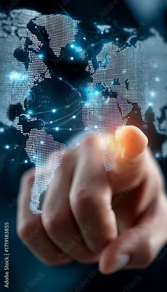 Poster global internet connection on touch screen illustrating digital communication and technology
