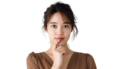 Thoughtful Glance: Portrait of a woman lost in thought, gently touching her chin with a serene expression. Capturing a moment of introspection and quiet contemplation.