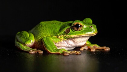 Obraz premium A green frog—orange feet, yellow belly, eyes wide—rests in luminous stillness. A metaphor for vivid alertness and the choreography of amphibian poise.