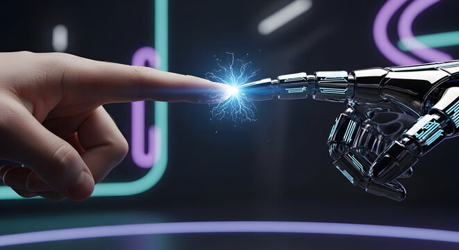 Human and robot hands touch connecting digital future tech concept