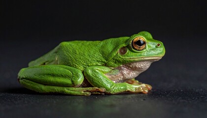 Fototapeta premium A green frog—orange feet, yellow belly, eyes wide—rests in luminous stillness. A metaphor for vivid alertness and the choreography of amphibian poise.