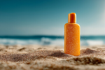 Beach bliss with sun protection: An orange bottle sits in the sand, ocean waves gently roll in the background under a clear blue sky.