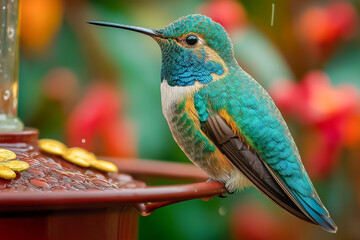 Vibrant hummingbird perched gracefully near a feeder, its iridescent feathers shining in a garden setting. Serene nature scene.