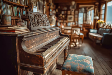 Vintage piano in a warm, inviting space, ready for music. Antique feel, full of character and history.