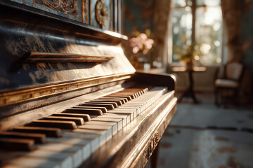 An antique upright piano with ivory keys bathed in sunlight in a vintage room, creating a nostalgic and artistic scene.
