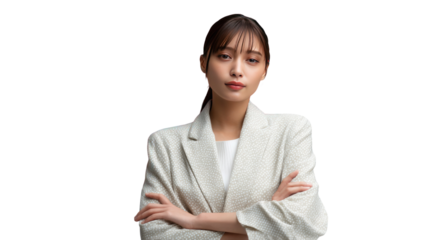 Confident Professional: A poised, Asian businesswoman with a direct gaze, radiating professionalism, strength, and poise in a formal jacket.