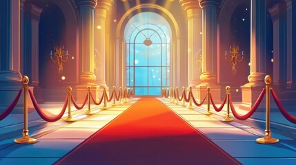 Elegant Red Carpet Entrance with Golden Ropes and Grand Architecture