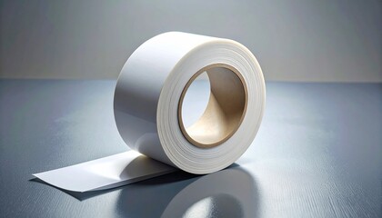 A roll of white tape—unspooled, resting on reflection—sits in quiet tension. A metaphor for silent repair and the choreography of provisional bonds.