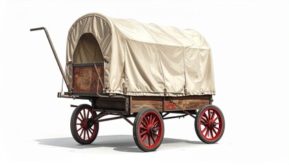 A covered wagon—red wood, arched canvas, wheels poised—rests in historical stillness. A metaphor for migratory longing and the choreography of frontier memory.