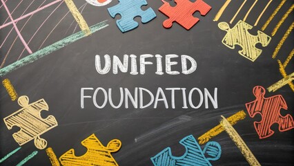 Colorful Puzzle Pieces on Chalkboard with Unified Foundation Text