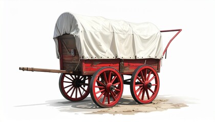 A covered wagon—red wood, arched canvas, wheels poised—rests in historical stillness. A metaphor for migratory longing and the choreography of frontier memory.